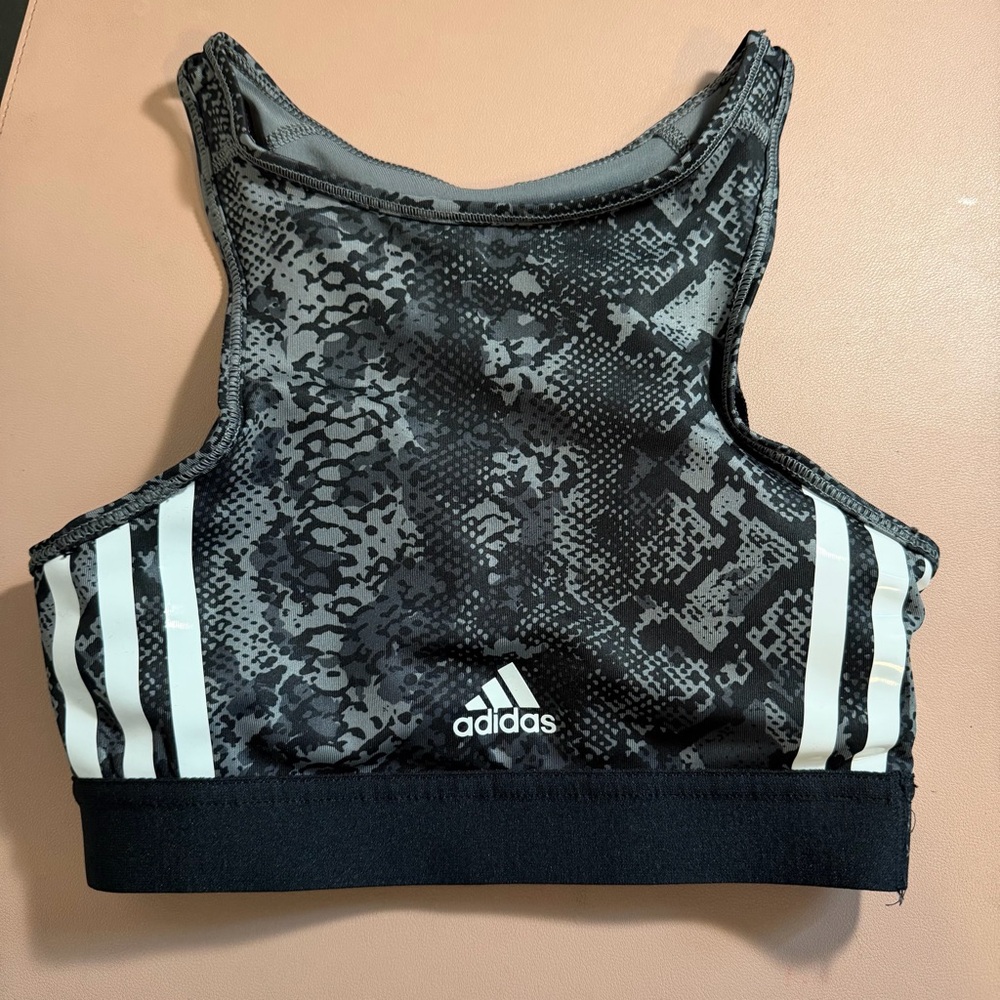 adidas Longline Sports Bra Black Gray Print Women's XS Athletic Workout Yoga